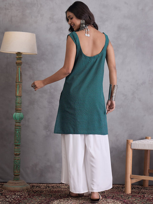 InWeave Emerald Green Kantha Striped Kurta - Swadesiicart