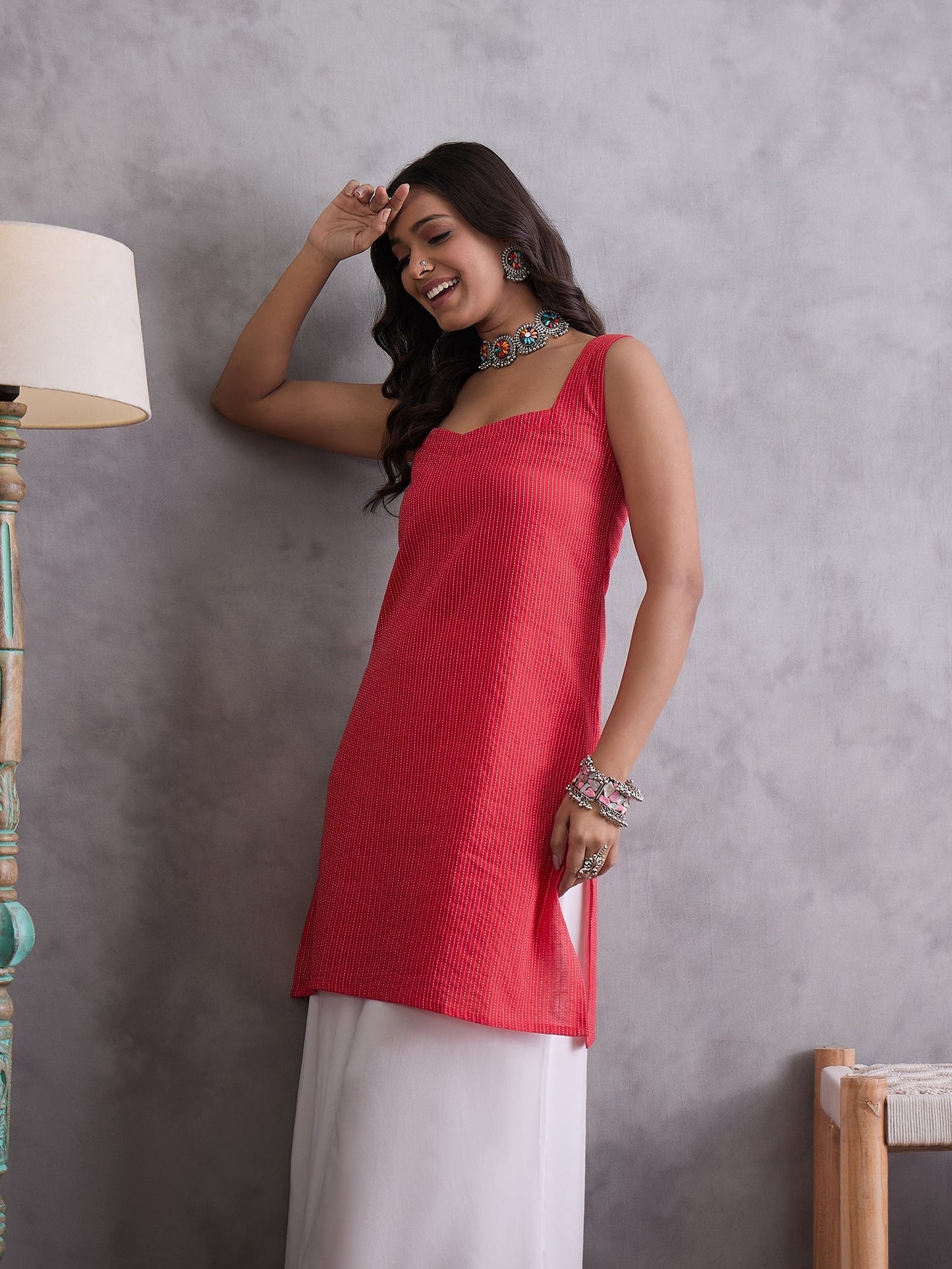 InWeave Red Kantha Striped Kurta - Swadesiicart