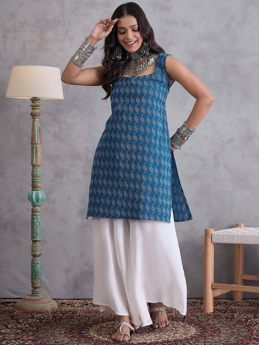 InWeave Blue Ikkat Kantha Kurta - Swadesiicart