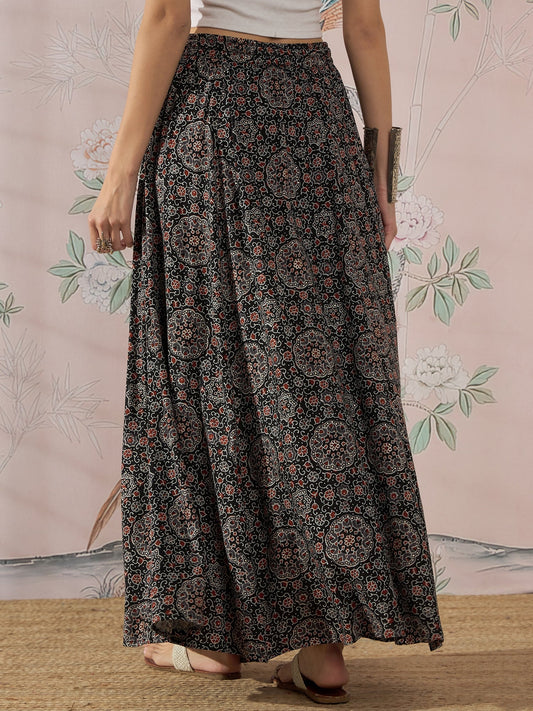 InWeave Black Maroon Ajrakh Fr Skirt - Swadesiicart