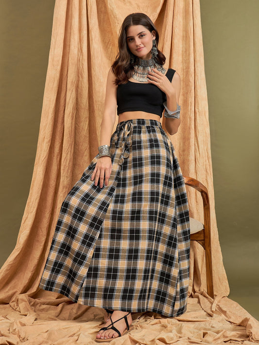 InWeave Black Beige Check Skirt - Swadesiicart