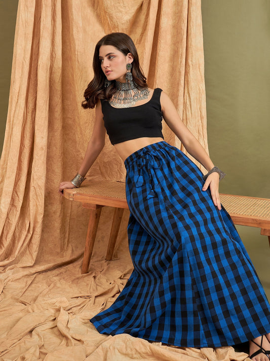 InWeave Ink Blue Black Check Skirt - Swadesiicart