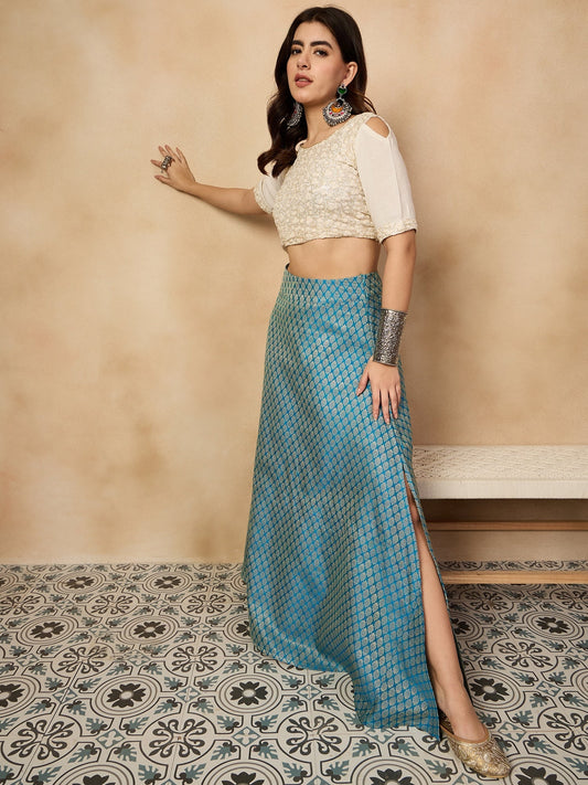 InWeave Maya Blue Brocade Side Slit Skirt - Swadesiicart