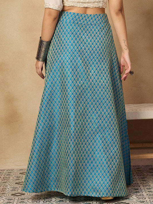 InWeave Maya Blue Brocade Side Slit Skirt - Swadesiicart