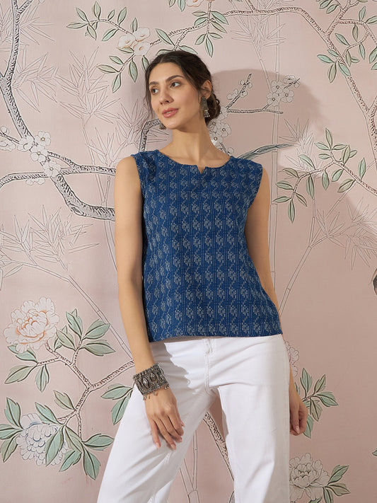 InWeave Blue Ikkat Kantha W/S Top - Swadesiicart