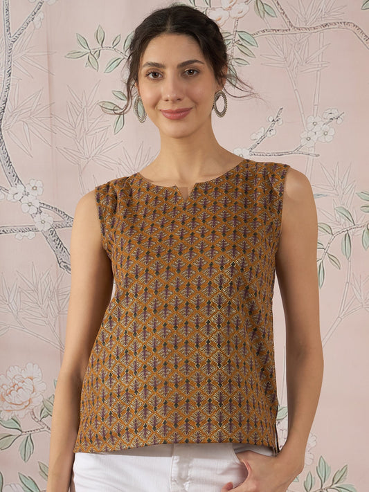InWeave Mustard Foil Print W/S Top - Swadesiicart