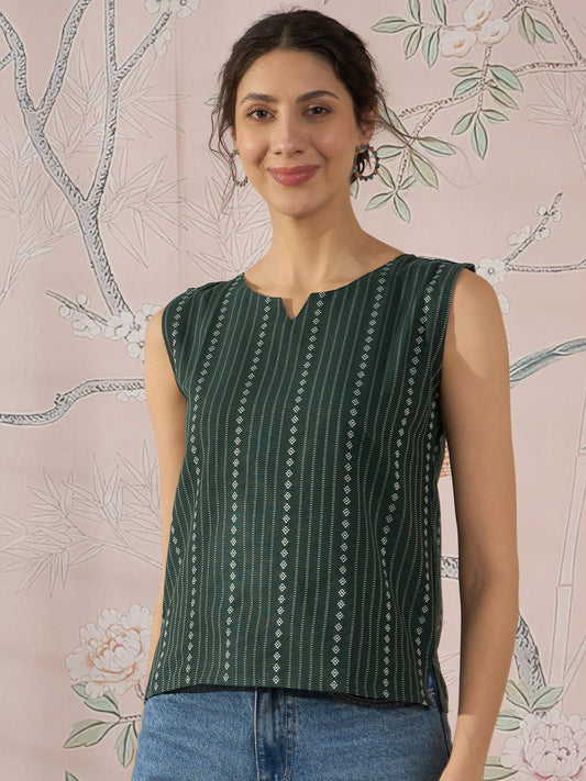 InWeave Green Striped Kantha W/S Top - Swadesiicart