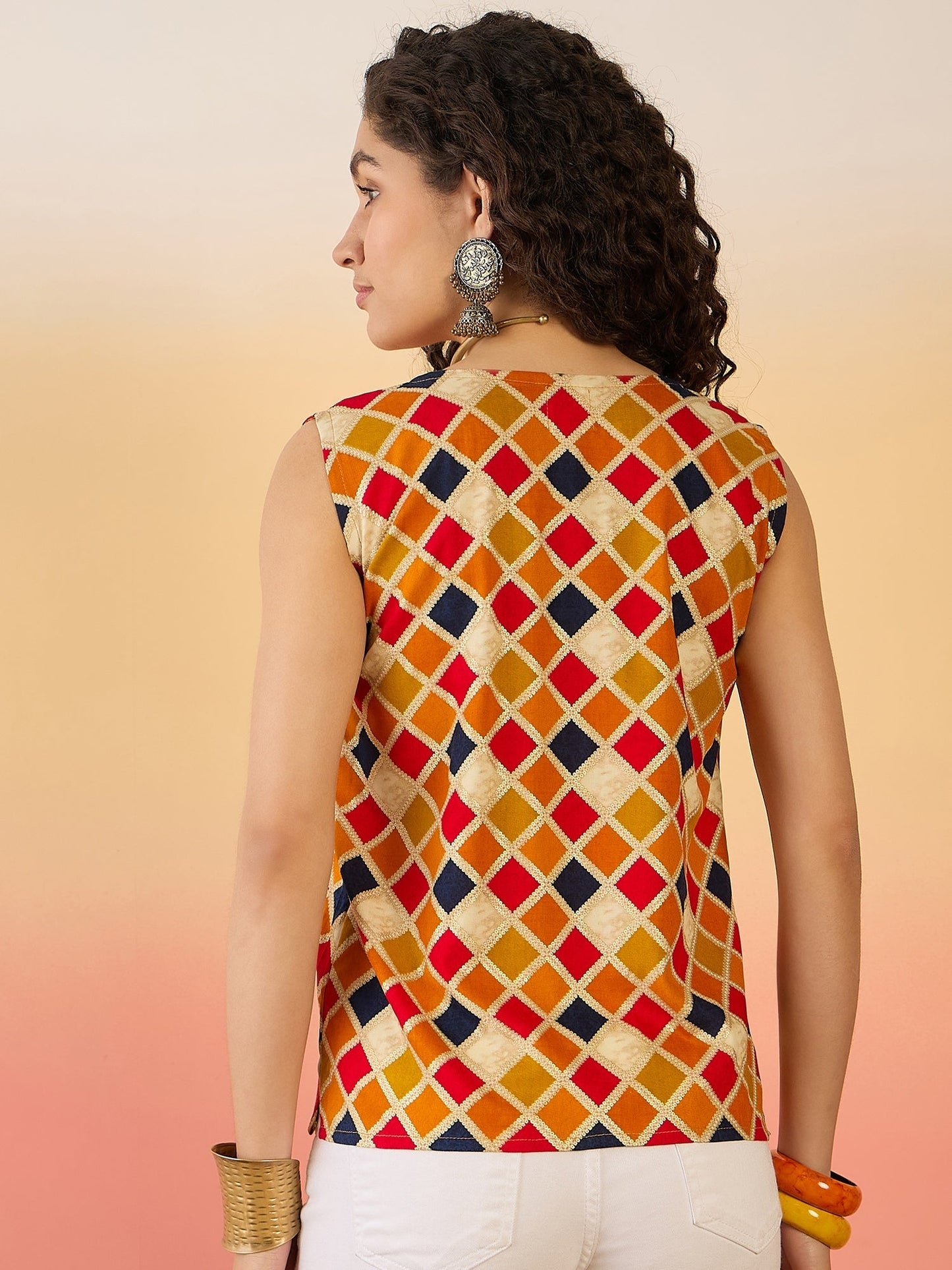 InWeave Mustard Multi Check Foil W/S Top - Swadesiicart