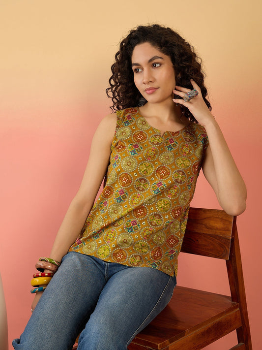 InWeave Ochre Round Multi Foil W/S Top - Swadesiicart