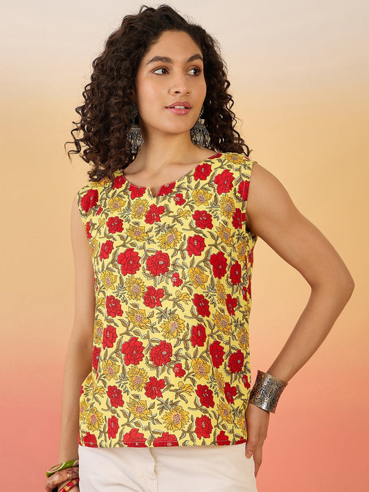 InWeave Butter Yellow Red Rose Jaal W/S Top - Swadesiicart