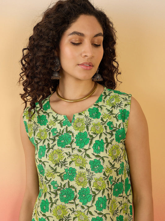 InWeave Pear Green Green Rose Jaal W/S Top - Swadesiicart