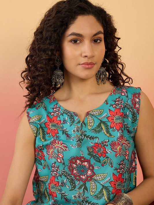 InWeave Teal Floral Print W/S Top - Swadesiicart