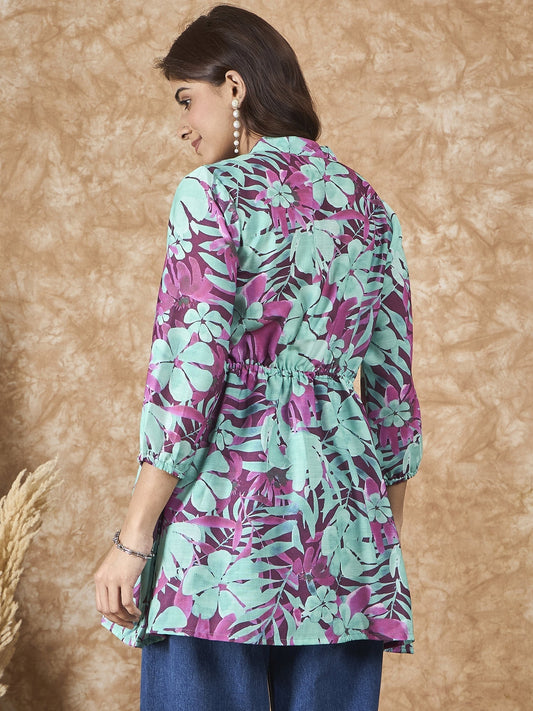 InWeave Green Purple Print Mandarin Top - Swadesiicart