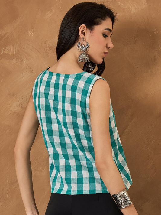 InWeave Light Blue Big Check Sleeveless Top - Swadesiicart