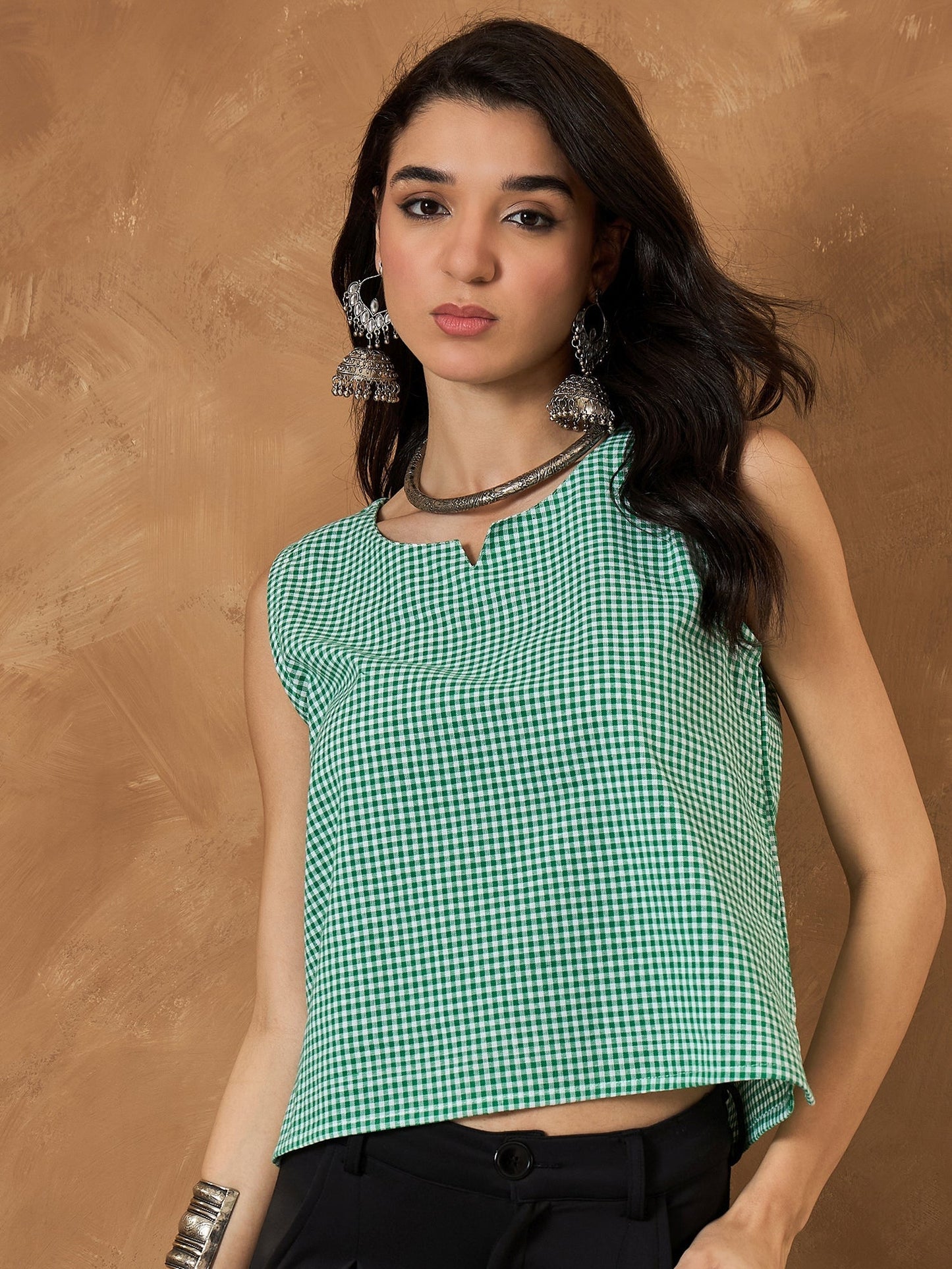 InWeave Green Small Check Sleeveless Top - Swadesiicart