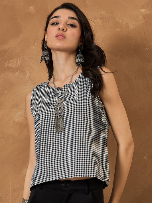 InWeave Black Small Check Sleeveless Top - Swadesiicart