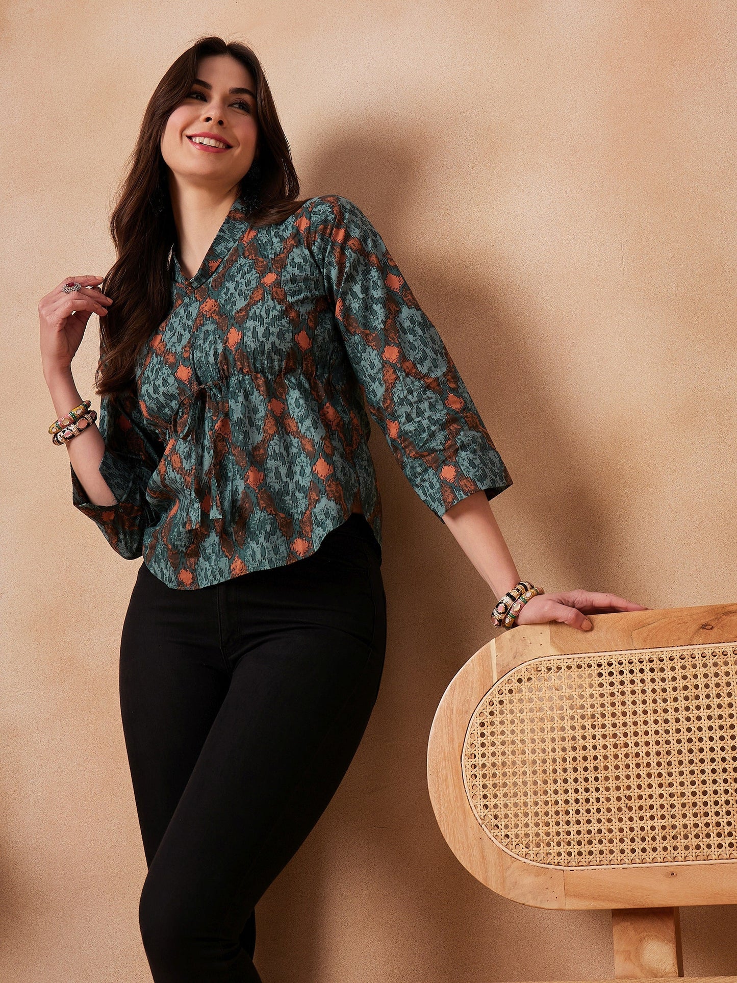 InWeave Aqua Pearl Shawl Neck Top - Swadesiicart