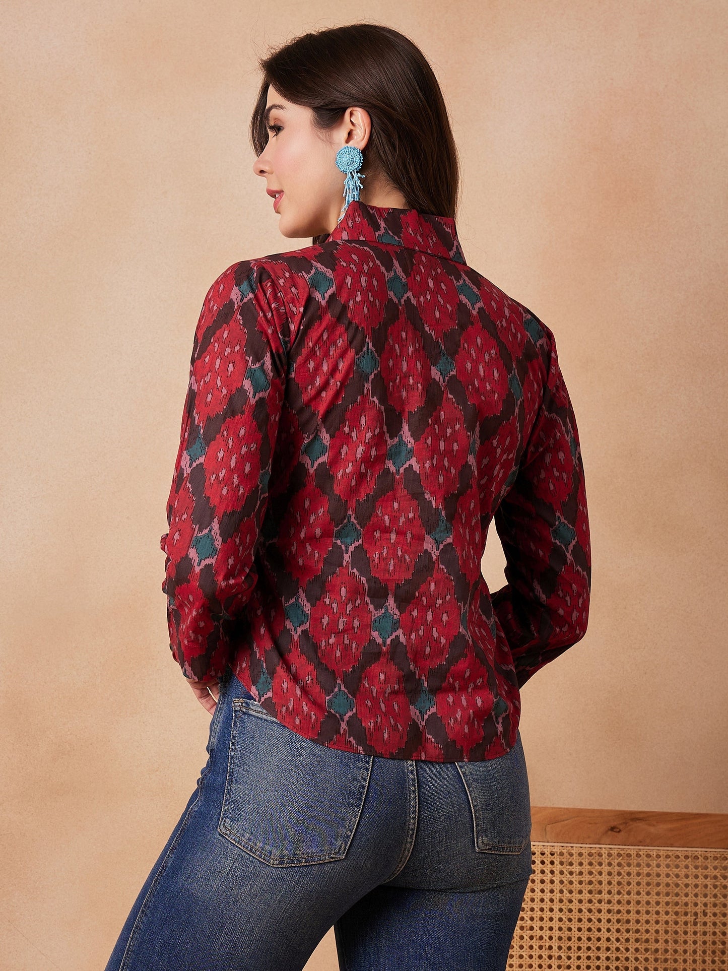 InWeave Red Abstract Printed Shawl Neck Top - Swadesiicart