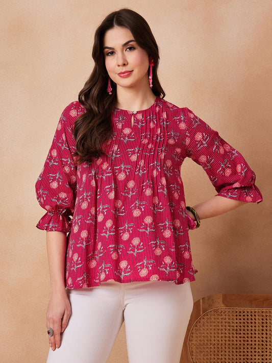 InWeave Red Kantha Floral Print Front Pintex Top - Swadesiicart