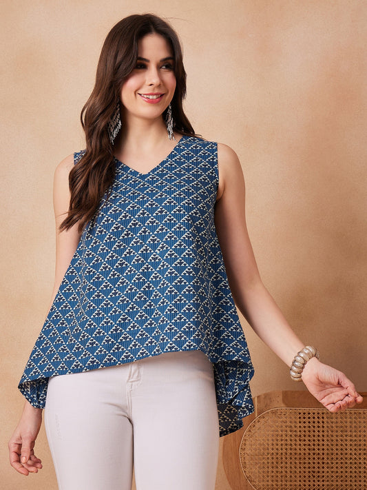 InWeave Blue Pyramid Kantha High Low W/S Top - Swadesiicart