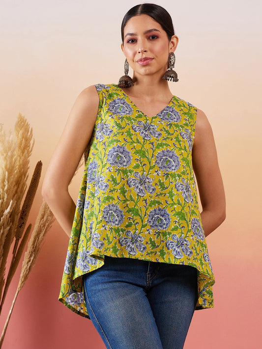 InWeave Sunset Yellow Floral Print V Neck W/S Top - Swadesiicart
