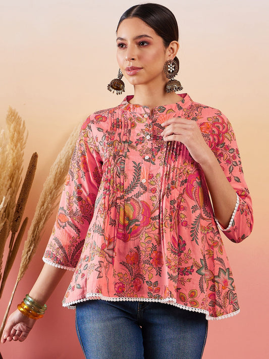 InWeave Peach Floral Print Front Pintex Lace Top - Swadesiicart