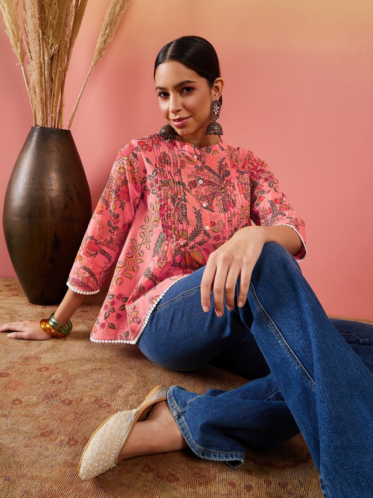 InWeave Peach Floral Print Front Pintex Lace Top - Swadesiicart