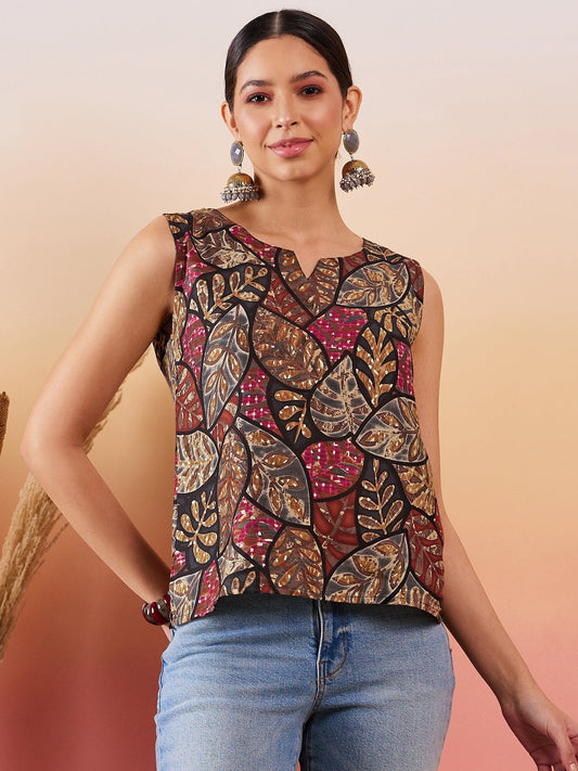 InWeave Black Grey Leaf Print Foil W/S Top - Swadesiicart