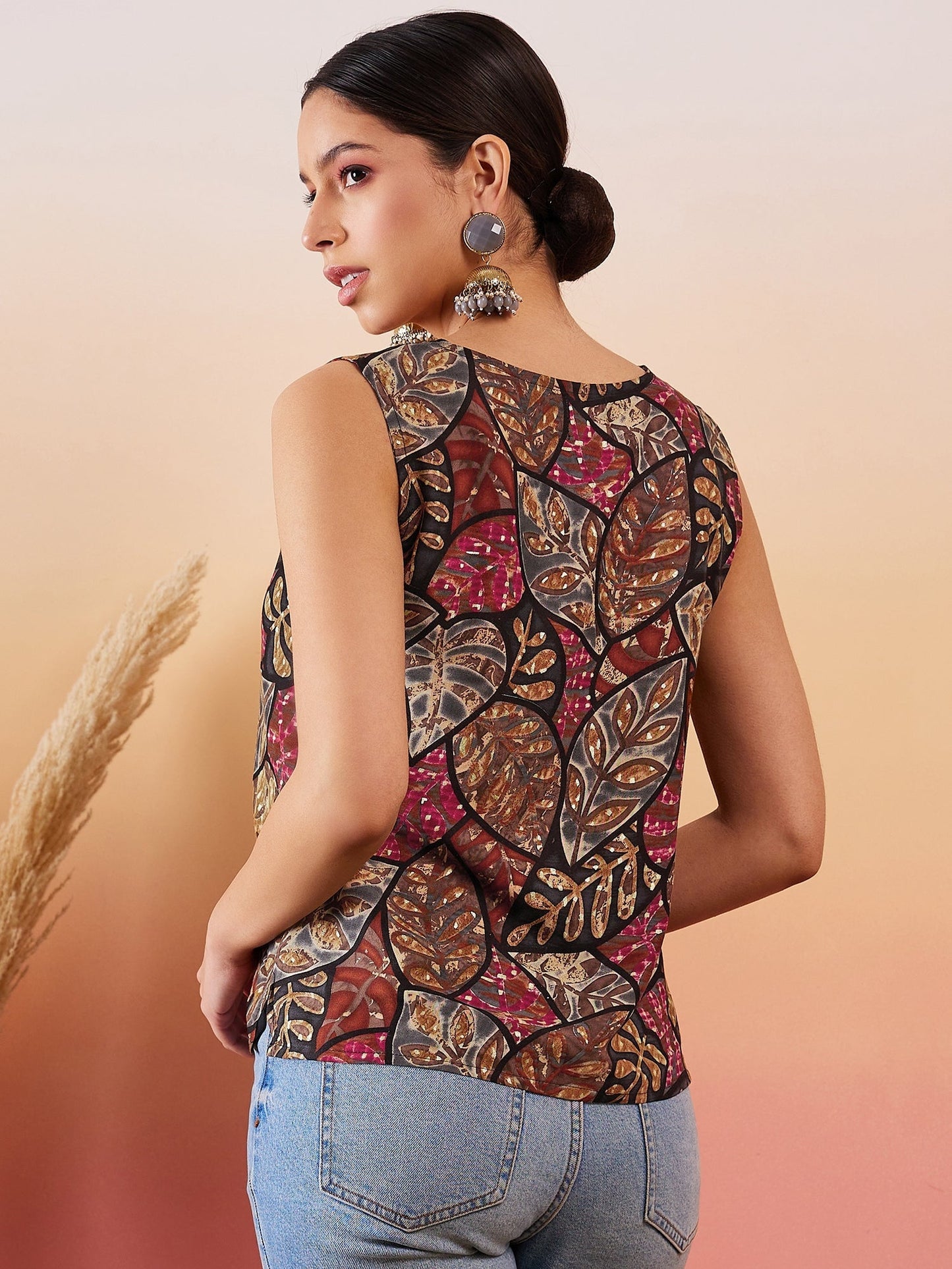 InWeave Black Grey Leaf Print Foil W/S Top - Swadesiicart