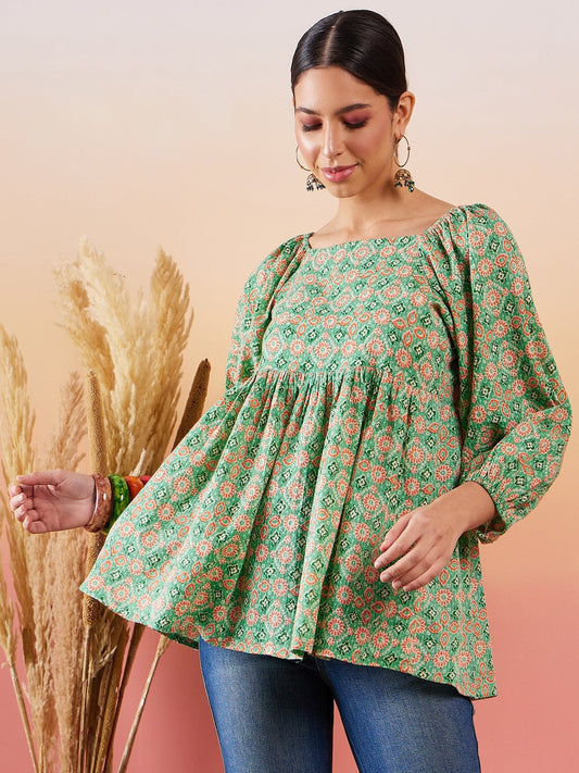 InWeave Cool Green Kantha Print Cold Shoulder Top - Swadesiicart