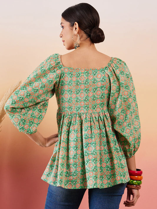 InWeave Cool Green Kantha Print Cold Shoulder Top - Swadesiicart