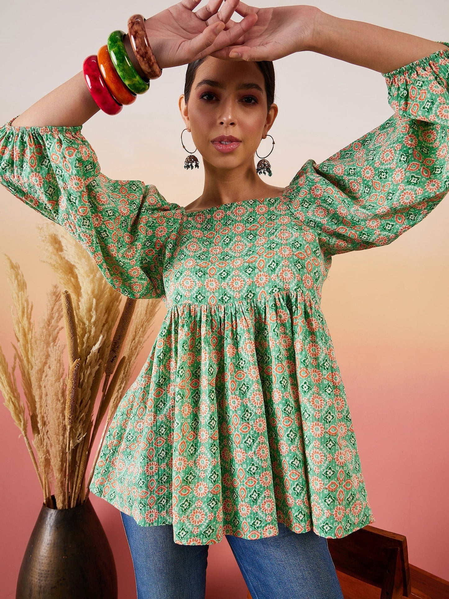 InWeave Cool Green Kantha Print Cold Shoulder Top - Swadesiicart
