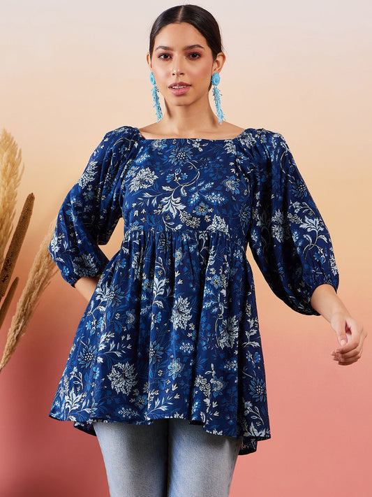 InWeave Indigo Floral Print Cold Shoulder Top - Swadesiicart
