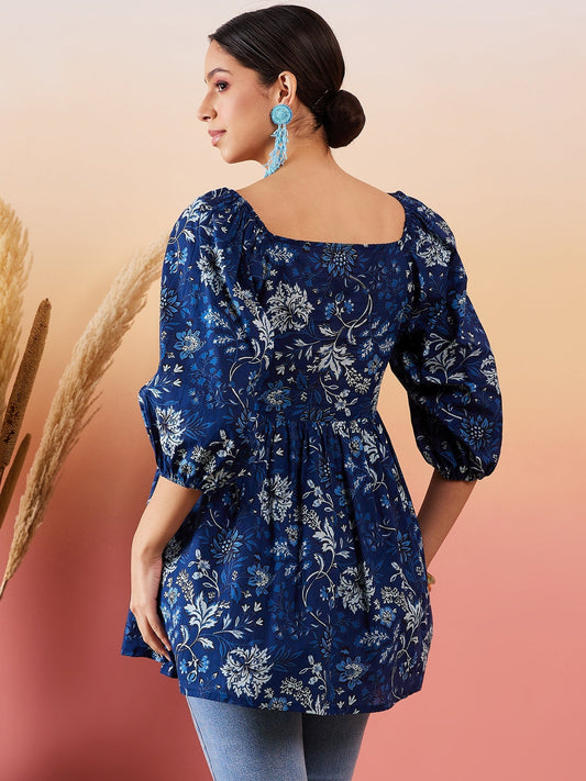 InWeave Indigo Floral Print Cold Shoulder Top - Swadesiicart