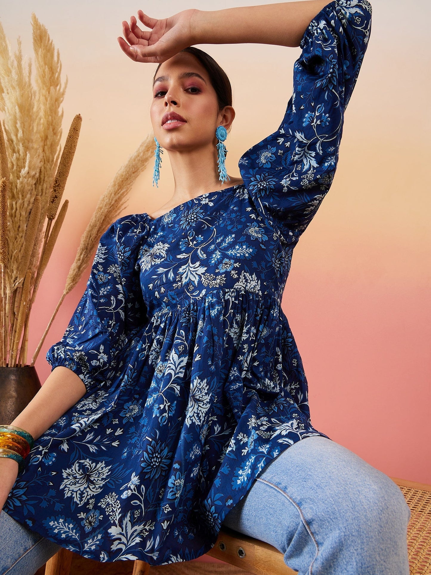 InWeave Indigo Floral Print Cold Shoulder Top - Swadesiicart