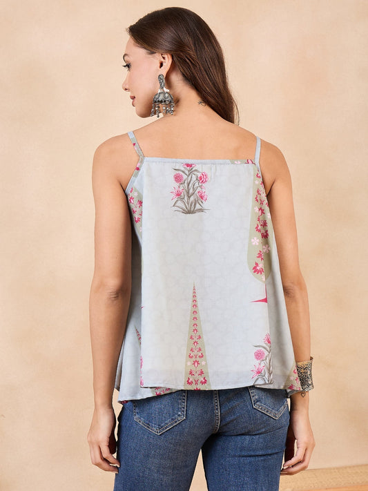 InWeave Stone Green Big Leaf Magenta Strappe Flare Top - Swadesiicart