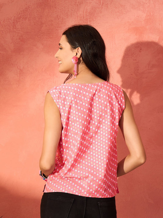 InWeave Pink White Gold Dot Print W/S Top - Swadesiicart