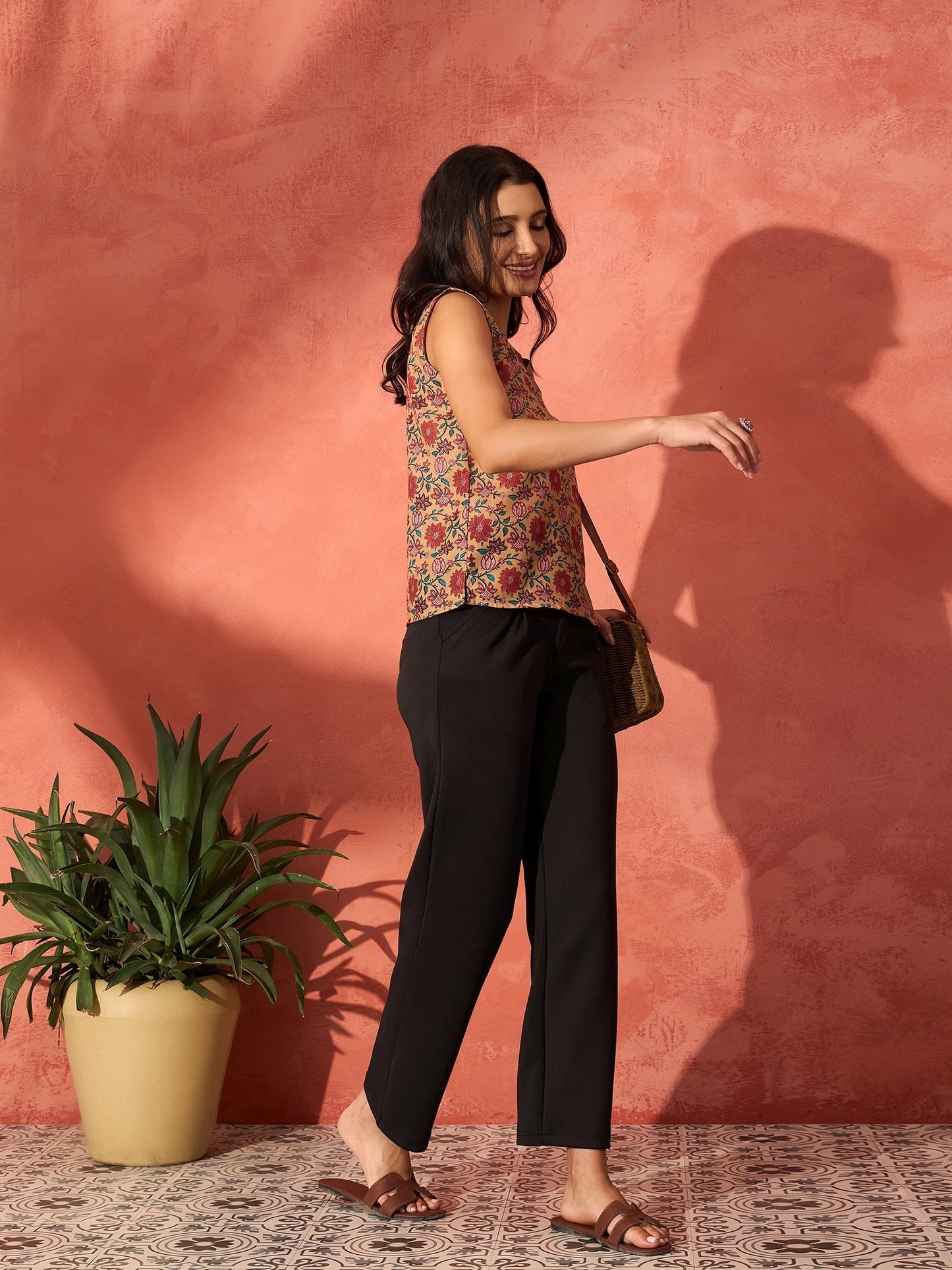 InWeave Mustard Orange Floral Jaal Print W/S Top - Swadesiicart