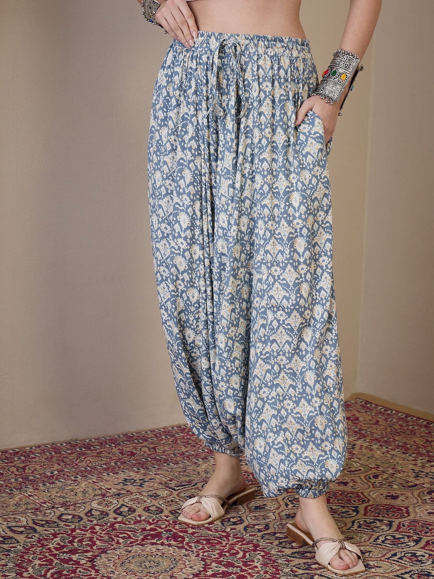 InWeave Powder Blue Ikkat Print Harem Pant - Swadesiicart