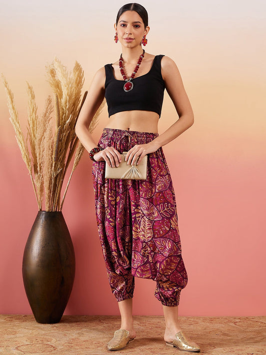 InWeave Wine Maroon Leaf Print Foil Harem Pant - Swadesiicart