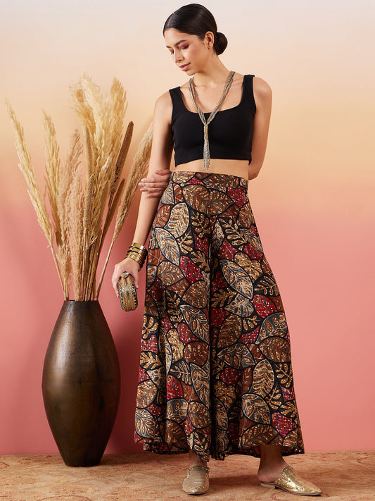 InWeave Black Grey Leaf Print Foil Palazzo - Swadesiicart