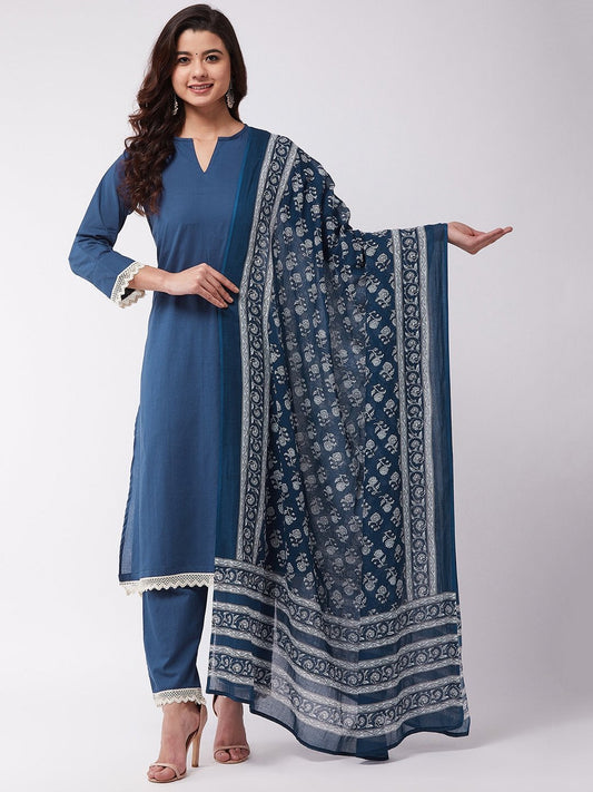 InWeave Blue Floral Cotton Dupattas - Swadesiicart