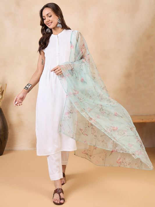 InWeave Teal Bird Print Organza Dupatta - Swadesiicart