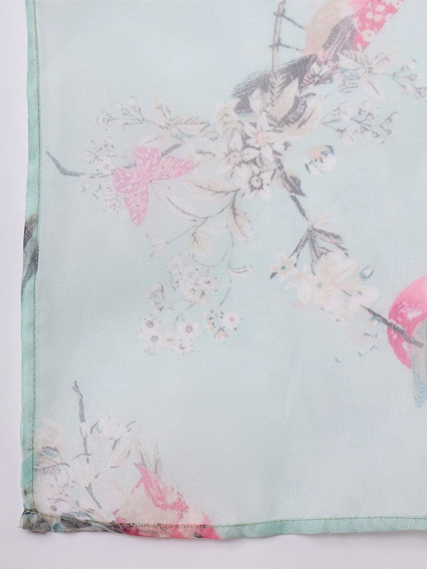 InWeave Teal Bird Print Organza Dupatta - Swadesiicart