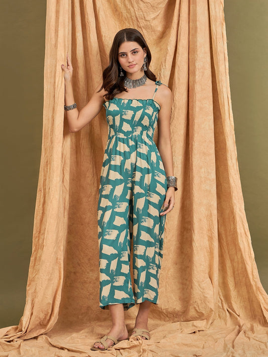 InWeave Marin Teal Beige Strappy Jumpsuit - Swadesiicart