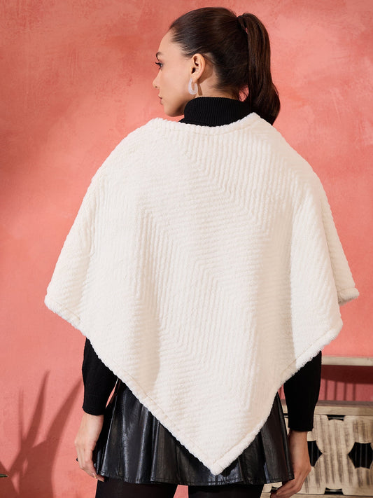 InWeave Cream Striped Rabbit Faux Fur Poncho - Swadesiicart