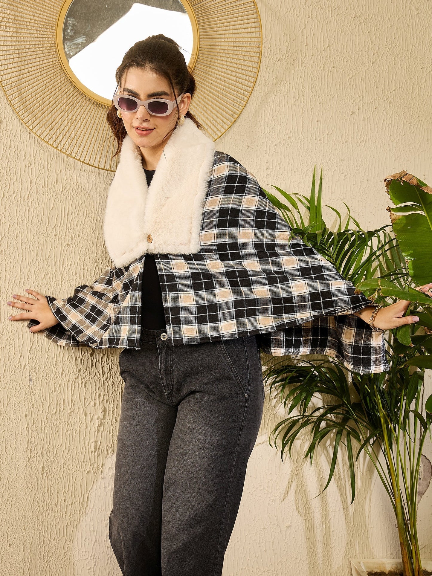 InWeave Black Beige Check Cream Fur Poncho - Swadesiicart