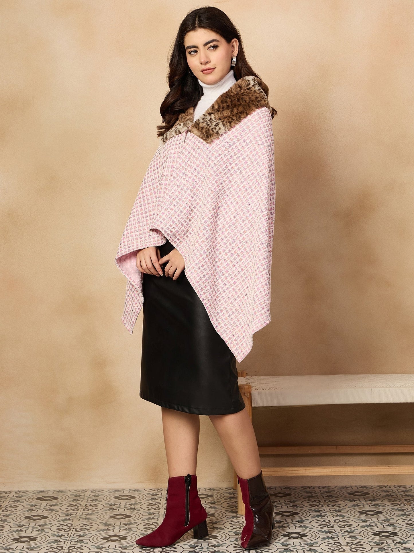 InWeave Pink White Check Acrylic Fur Poncho - Swadesiicart