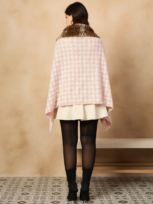 InWeave Peach White Big Check Acrylic Fur Poncho - Swadesiicart