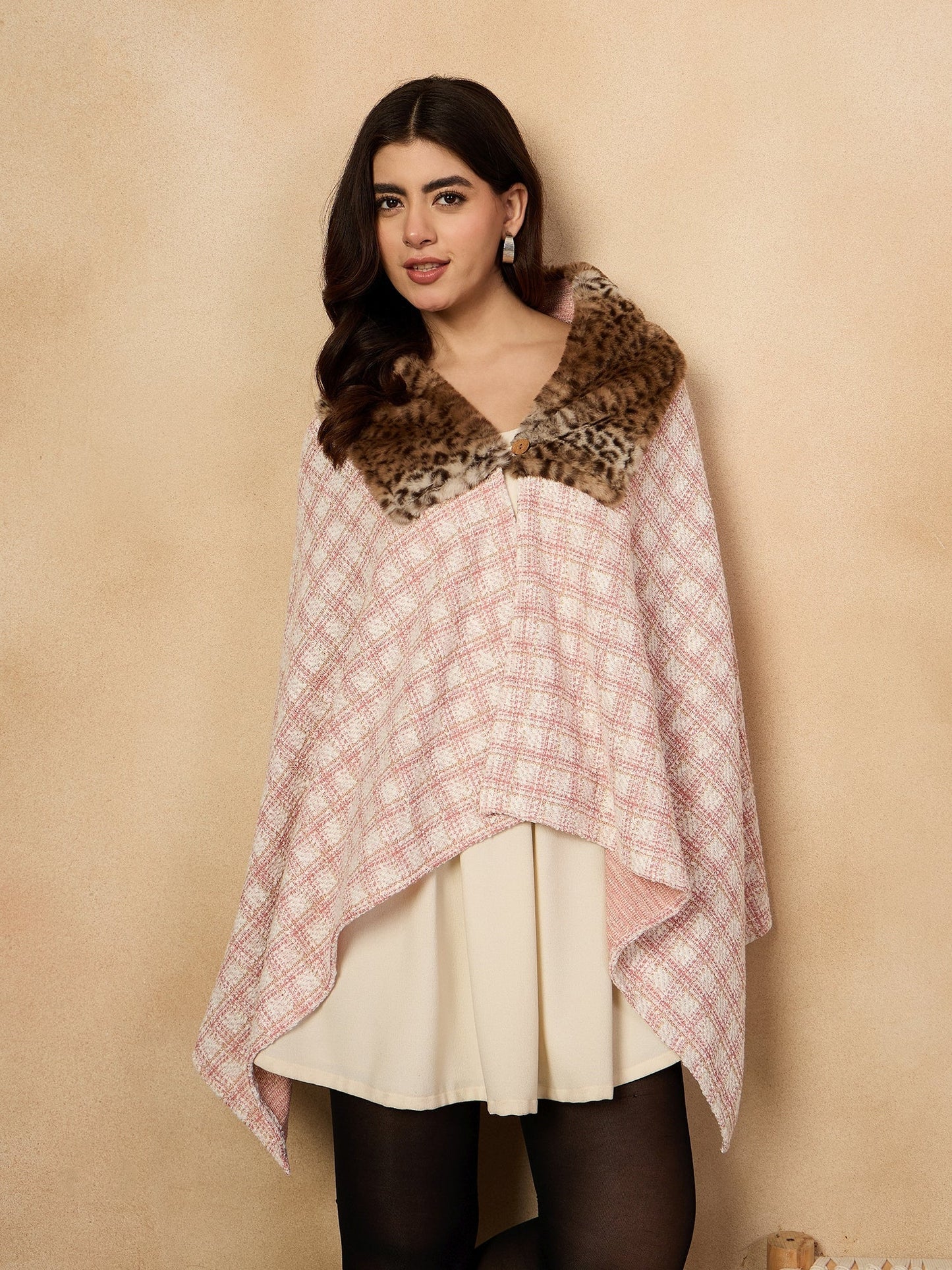 InWeave Peach White Big Check Acrylic Fur Poncho - Swadesiicart